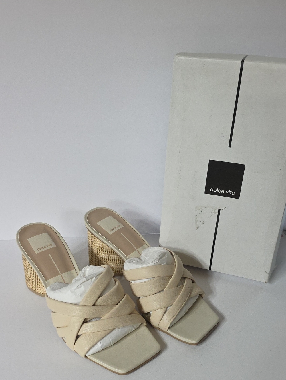MIB Dolce Vita Pazlee Cream Woven-Strap Square-Toe Block Heel Mules Sz 10